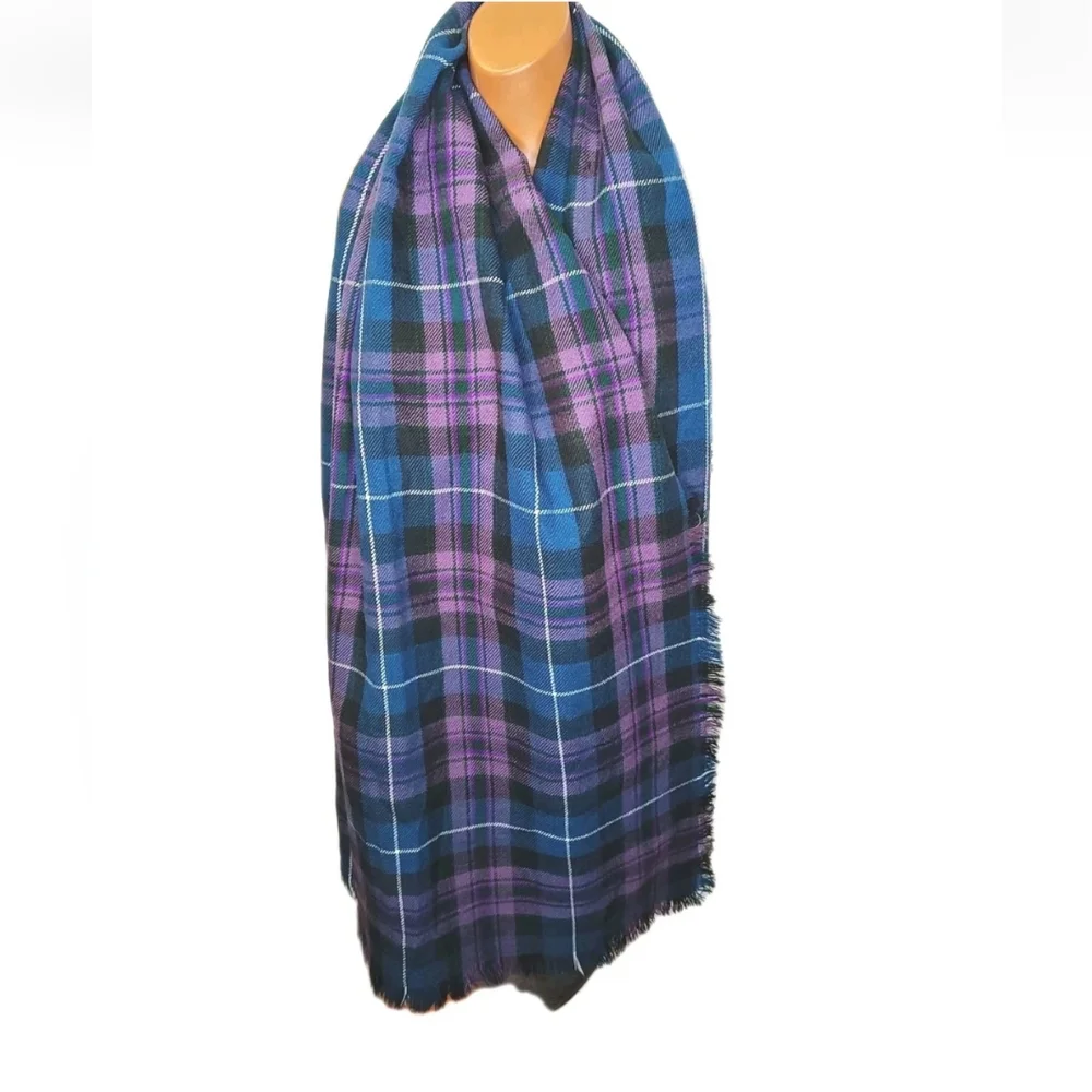 Fringed Blanket Wrap Scarf Purple Tartan Plaid Rectangular Sz 24/70 Preppy Boho - Picture 2 of 9